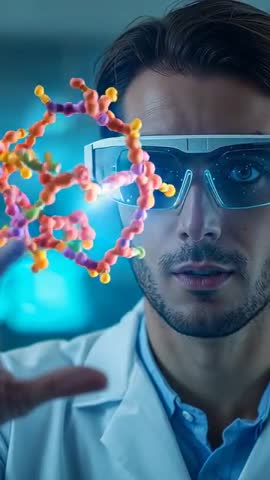 Scientist Exploring Holographic Molecular Model with AR Visor for Advanced Research