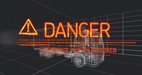Futuristic semi-truck alert sign in digital wireframe display