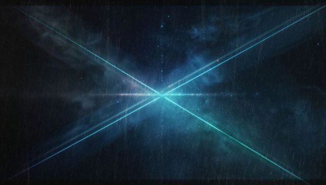 Intersecting Teal Beams in Space Nebula with Starfield