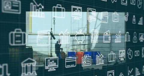 Industrial worker inspecting crane hook beside barrels with business icons overlay