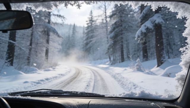 Driving through frosted windshield on curving snowy forest road with mist and tire tracks
