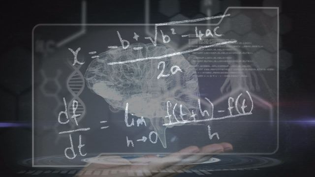 This concept showcases a digital holographic projection of a brain with superimposed mathematical formulas, symbolizing the intersection of science, human biology, and advanced technology. The open hand beneath suggests manipulation or control over these elements. Suitable for use in educational materials, presentations on technological advancements, scientific research content, or articles exploring the brain and technology integration.