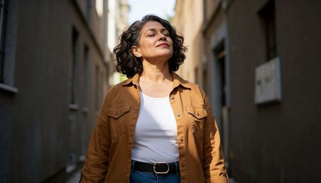 Middle-aged woman basking in sunlight standing in narrow urban alleyway, calm confident mood