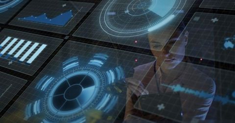 Caucasian Female Analyzing Data Interface in Server Room Environment