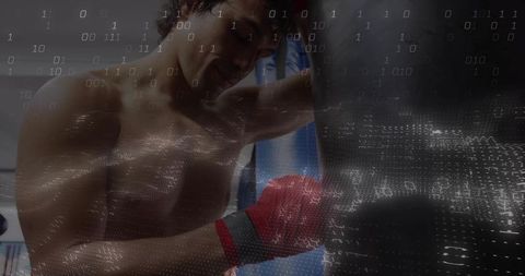 Punching boxer training on heavy bag with binary code overlay, gritty cyber workout