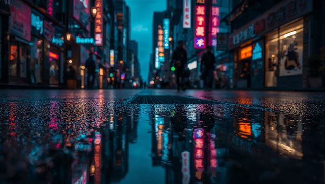 Reflecting neon lights on wet city pavement at dusk with cyclist silhouettes