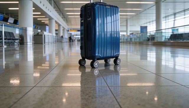 Blue spinner suitcase standing on polished airport floor reflecting overhead lights