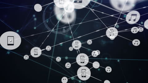 Digital Network with Technology Icons Overlaid by Light Trails