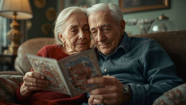 Elderly Couple Reading Nostalgic Card in Cozy Living Room
