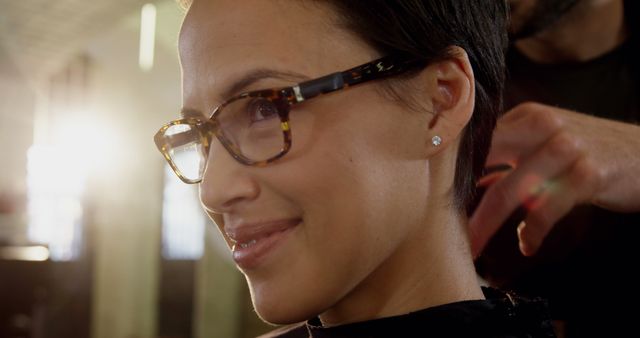 Smiling Woman with Glasses Getting Hair Styled - Download Free Stock Images Pikwizard.com