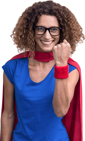 Confident curly-haired woman celebrating in superhero attire on transparent background