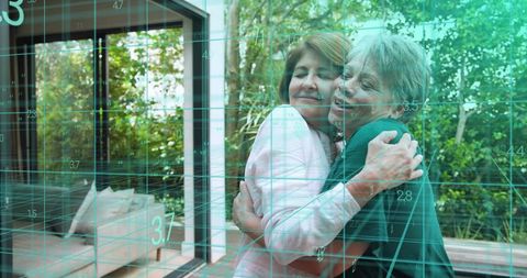 Hugging mother and daughter by glass door with teal numeric overlay suggesting connection