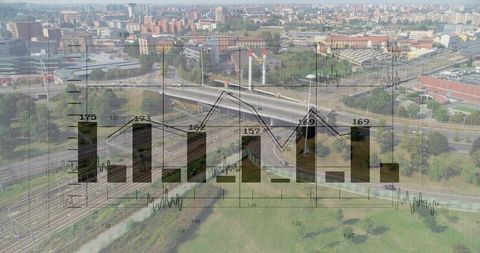 Aerial transport junction showing curved ramp, rail lines, overpass and data overlay
