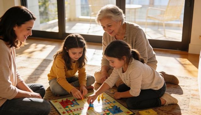 Multigenerational family playing classic board game on sunlit living room rug, cozy bonding