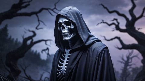 Hooded skeleton in foggy woods: eerie gothic concept