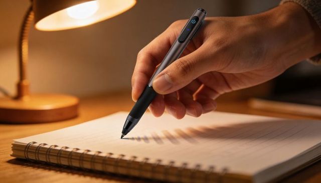 LED-lit Smart Stylus Writing on Lined Spiral Notebook on Wooden Desk Under Warm Lamp