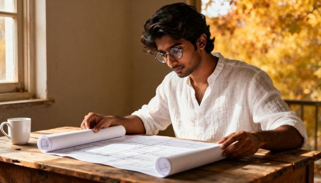 Young architect reviewing blueprints at rustic home studio with warm autumn light