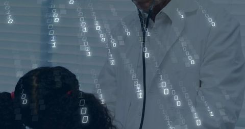 Senior physician examining pediatric patient with digital binary overlay for telemedicine