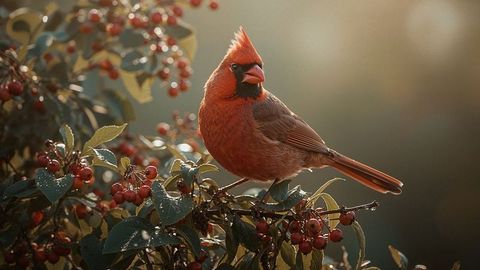 Male Northern Cardinal Perching Among Berries in Sunlit Garden