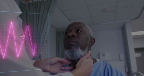 Doctor examining senior patient's neck with medical overlay