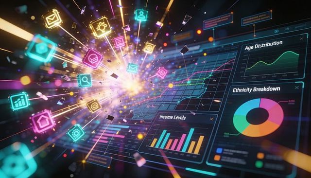 Streaming neon app icons and holographic dashboards exploding into futuristic cyberspace