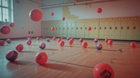 Dynamic dodge ball floating in school gymnasium