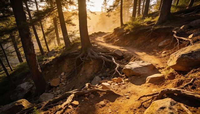 Winding sunlit trail climbing pine forest, exposing roots and boulders at golden hour