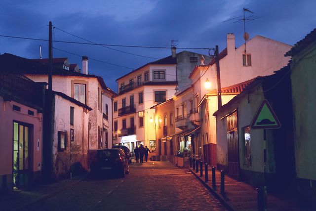 The scene captures a serene village street in Europe at dusk, showing charming houses with warm lights glowing through quaint windows. Suitable for travel articles, blog posts about European tours, and websites promoting quaint and peaceful destinations.