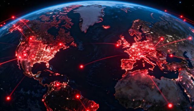 Red global network over earth night lights connecting north america and europe, cyber connectivity