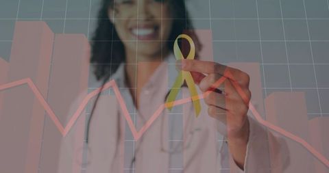 Smiling doctor with yellow ribbon and data visualization