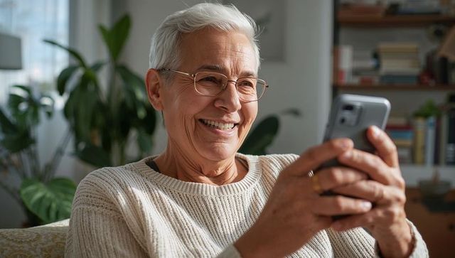 Smiling senior woman using smartphone on sofa in cream sweater and glasses