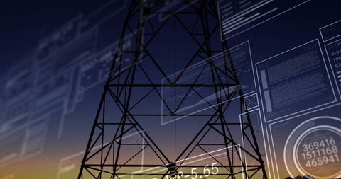 Electric Transmission Tower with Digital Interface at Twilight