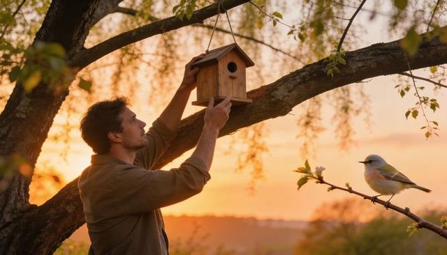 Man installing wooden birdhouse in tree at golden hour sunset