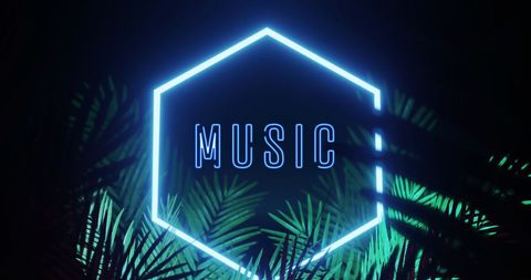 Neon music sign with tropical leaves on black background