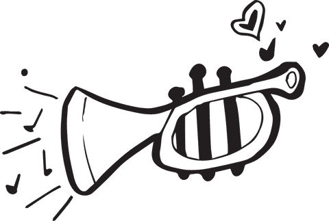 Illustrative Black Trumpet with Hearts on Transparent Background