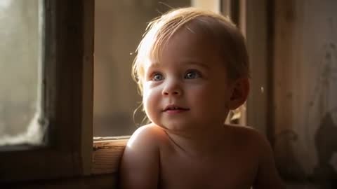 Sunlit Toddler Leaning at Wooden Window Watching Dust Motes in Quiet Home