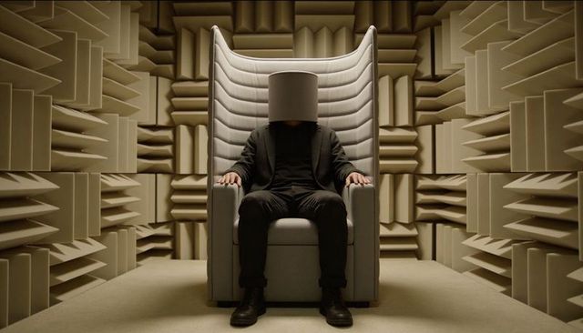 Man sitting in high-back chair with bucket over head inside anechoic chamber