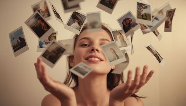 Joyful woman tossing polaroid photos reflecting nostalgia