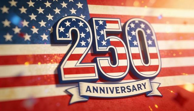 Celebrating 250th anniversary with stars and stripes numerals and ribbon banner