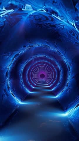 Vertical neon tunnel pulsing rings moving viewer toward glowing purple orb