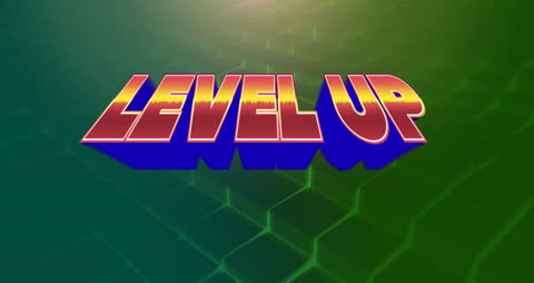 Retro Level Up Text on Geometric Green Background Animation