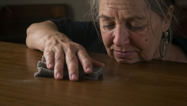Senior woman leaning closely inspecting wooden table surface while wiping with cloth