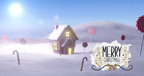 Festive Christmas Scene with Snowy House and Candy Canes