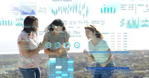 Three women collaborating with augmented reality analytics on smartphone at scenic overlook