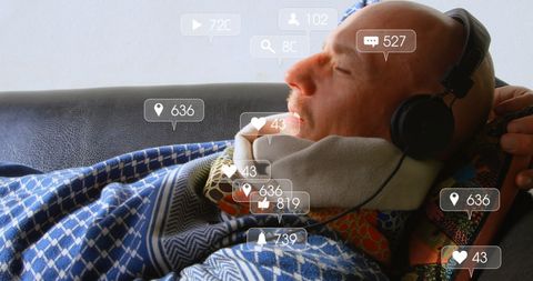 Senior Man Enjoys Music with Social Media Interaction Icons - Download Free Stock Images Pikwizard.com