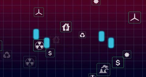 Displaying neon energy dashboard with glowing cyan bars and teal renewable icons