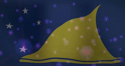 Golden wave network with hex nodes and cosmic stars futuristic data visualization