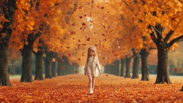 Child exploring forest path with falling autumn leaves