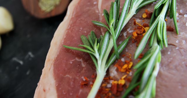 Close-up of a fresh raw steak seasoned with rosemary and spices on a dark background. Perfect for food blogs, cooking websites, recipe illustrations, and culinary advertisements.