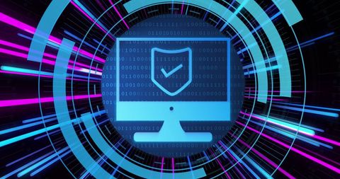 digital security shield on monitor with neon light trails - Download Free Stock Images Pikwizard.com